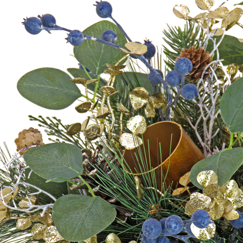 17" Blue and Gold Artificial Christmas Arrangement with Metal Pot