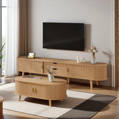 2 Piece Living Room Table Set,Wooden Oval Fluted TV Stand With Charging Station For TV Up To 80", Coffee Table With Charging Station