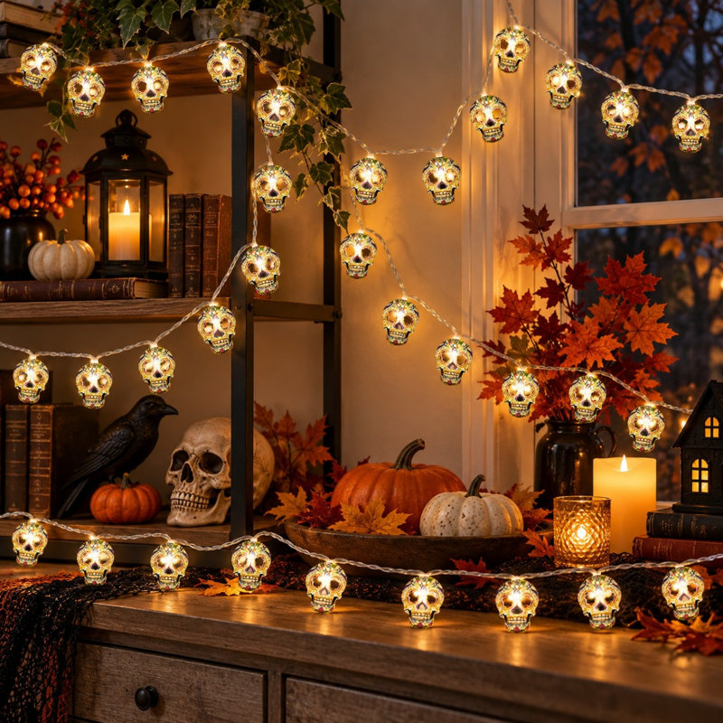 Guirlande lumineuse d'Halloween en forme de crâne de 4,5 m avec 30 DEL et double option d'alimentation