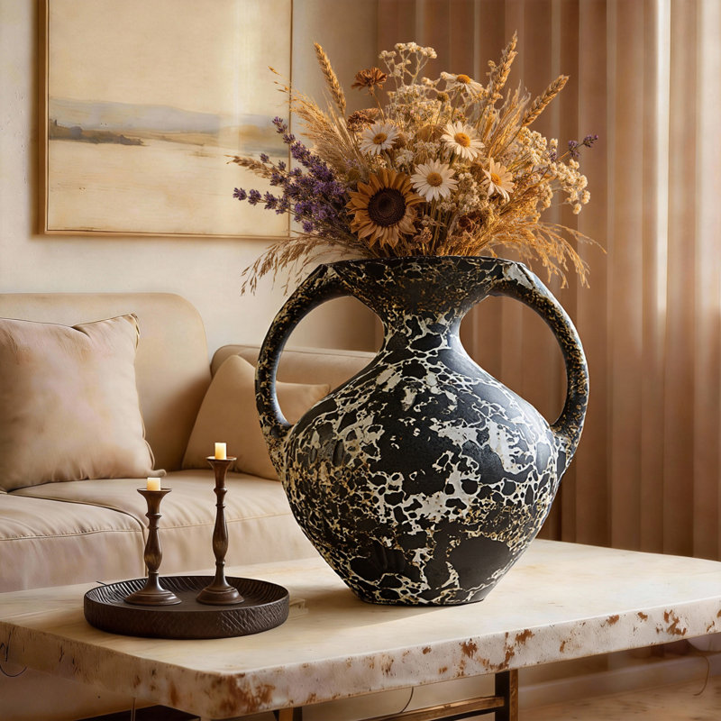 Handmade Ceramic Table Vase, Boho Pottery Terracotta Vase with Sculptural Handles, Decorative Accent Display for Modern Rustic/Farmhouse/Mediterranean Interiors Decor