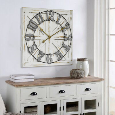 24" Square Farmhouse Wall Clock, Silent Wood Barn Door Decor