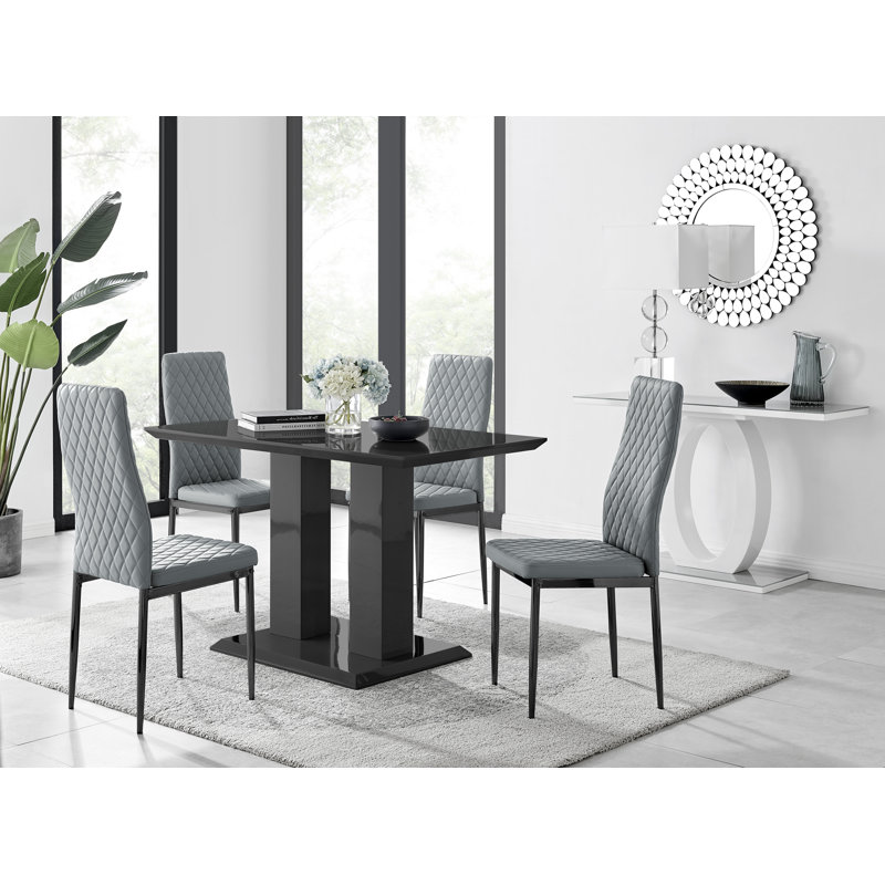 Eubanks Double Pedestal High Gloss Dining Table Set with 4 Luxury Faux Leather Dining Chairs, Black, Mustard/Silver