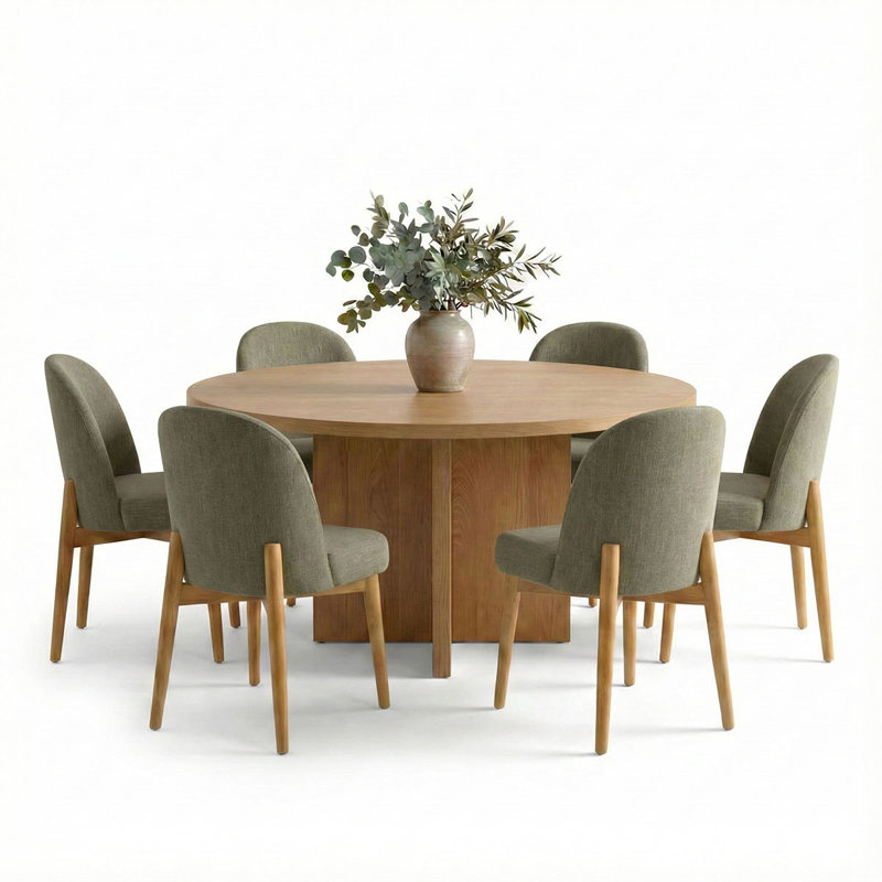Modern 7-Piece 60-Inch Round Oak Veneer Dining Set With 6 Linen Chairs, Green
