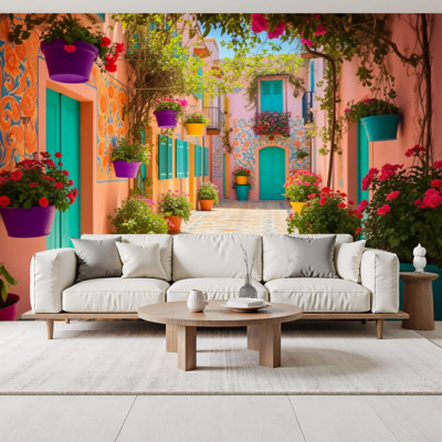 Boho Peel and Stick Wallpaper Colourful Mediterranean Courtyard Vibrant Flowers Tiles Wall Murals 69"H x 96"W Removable PVC Wall Paper Self-Adhesive Wall Paintings Art Decor for Bedroom Living Room