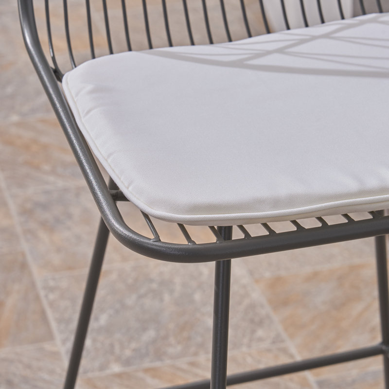 Gray Iron Outdoor Counter Stools with Off-White Cushions, Set of 4