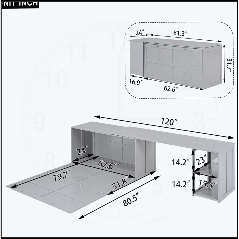 Grand lit escamotable avec bureau rotatif, gris