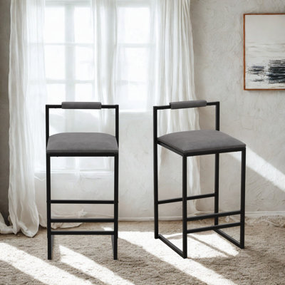 Modern Armless Metal Legs Kitchen Island Stools with Back Gray PU Upholstered Chairs 2-Piece Set