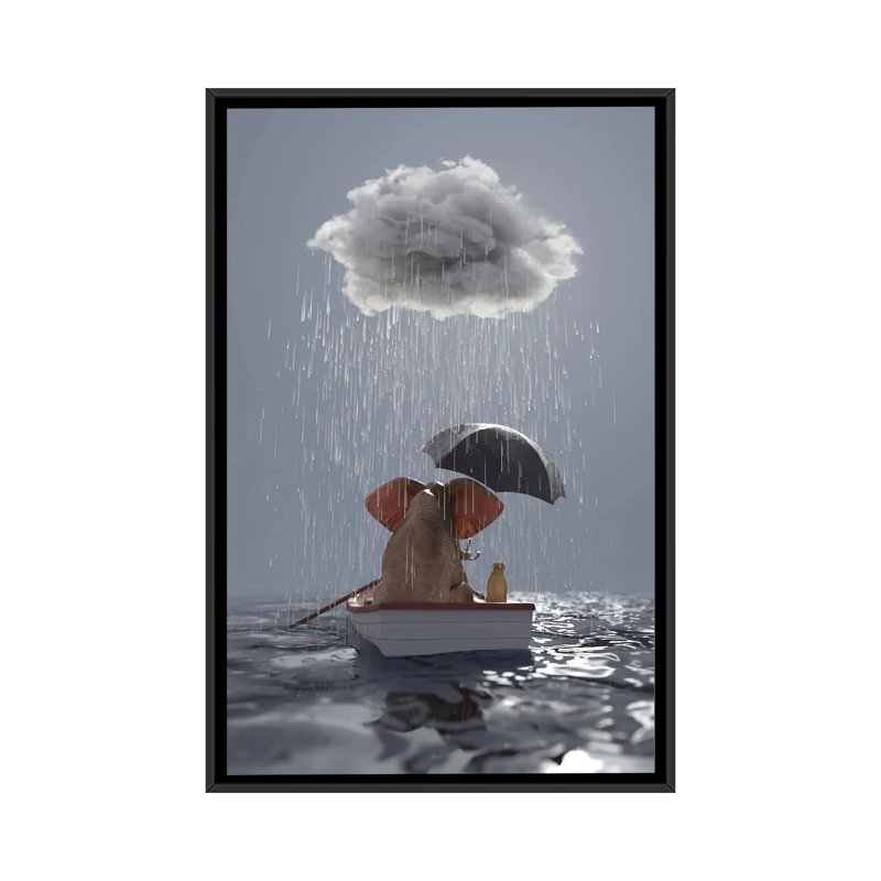Un éléphant et un chien flottant dans un bateau dans la pluie par Mike Kiev-impression d’art graphique, Pas de tapis