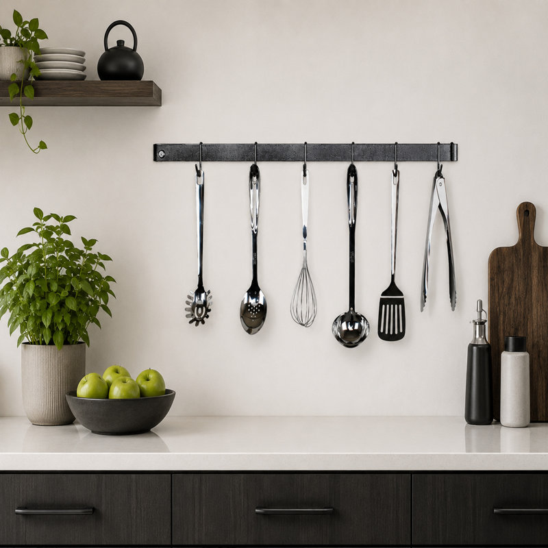 Utensil Bar Handcrafted Wall Mounted Pot Rack, 4.5" H x 36" W x 2" D, Hammered Steel