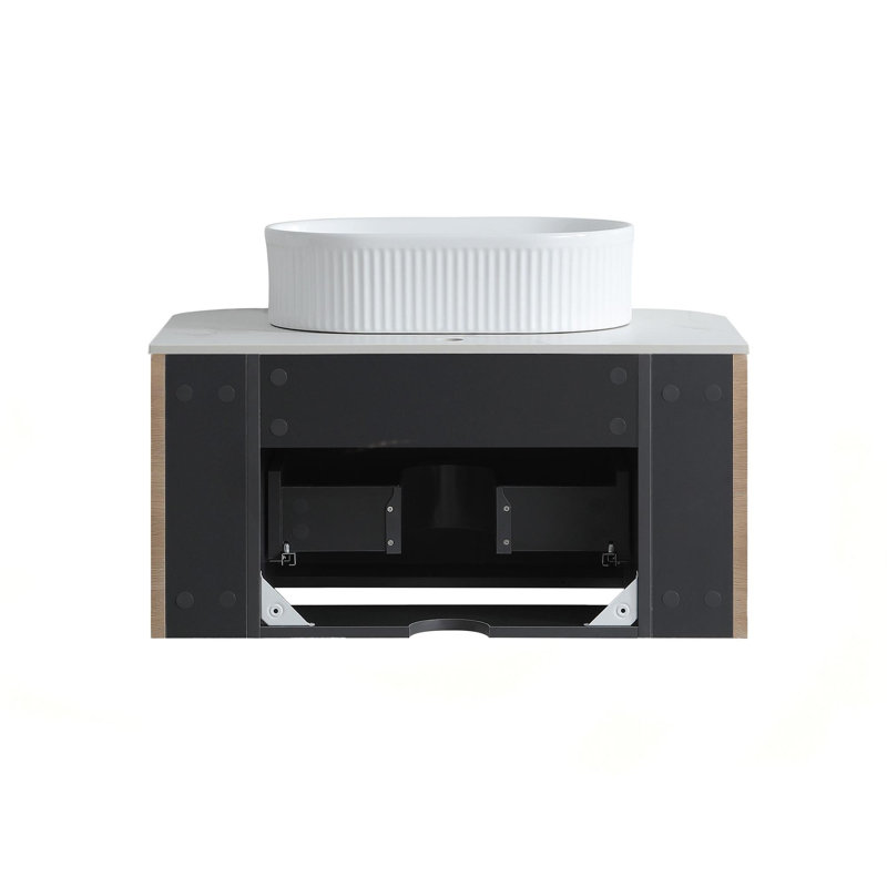 Meuble-lavabo de salle de bain moderne et incurvé, Honey Oak, 30, White