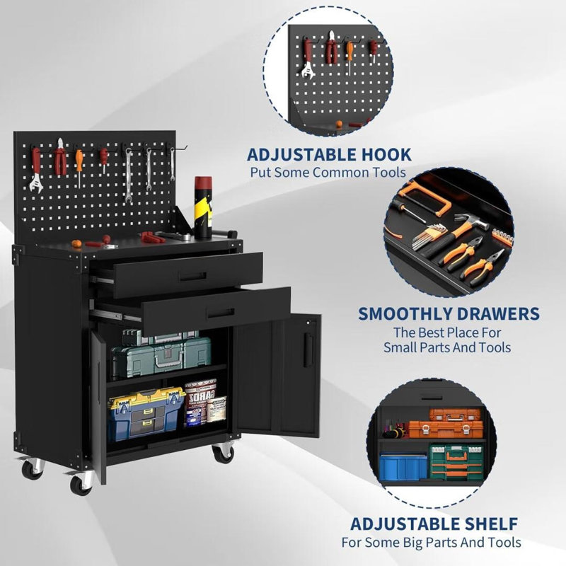 35" Tool Chest Cabinet Mobile Garage Workbench, With 2 Drawers