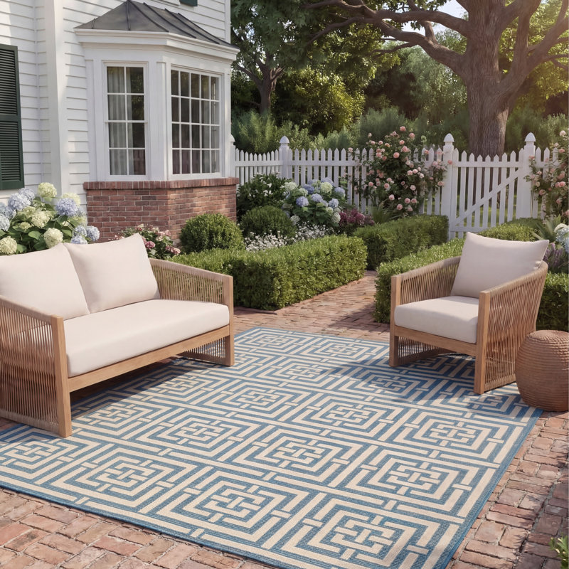 Arneshia Geometric Blue/Bone Indoor/Outdoor Area Rug, Rectangle 8' x 11'