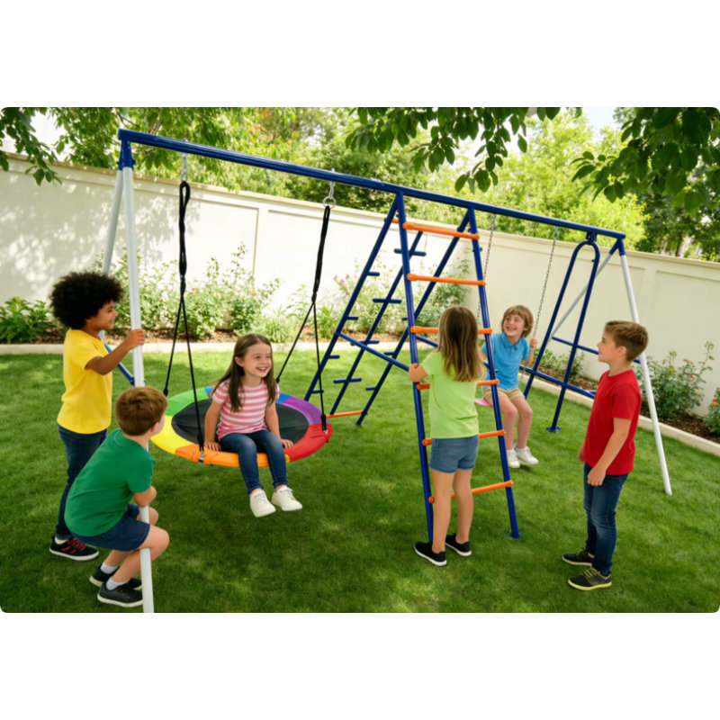 Portique Funphix avec structure d'escalade et balançoire à soucoupe