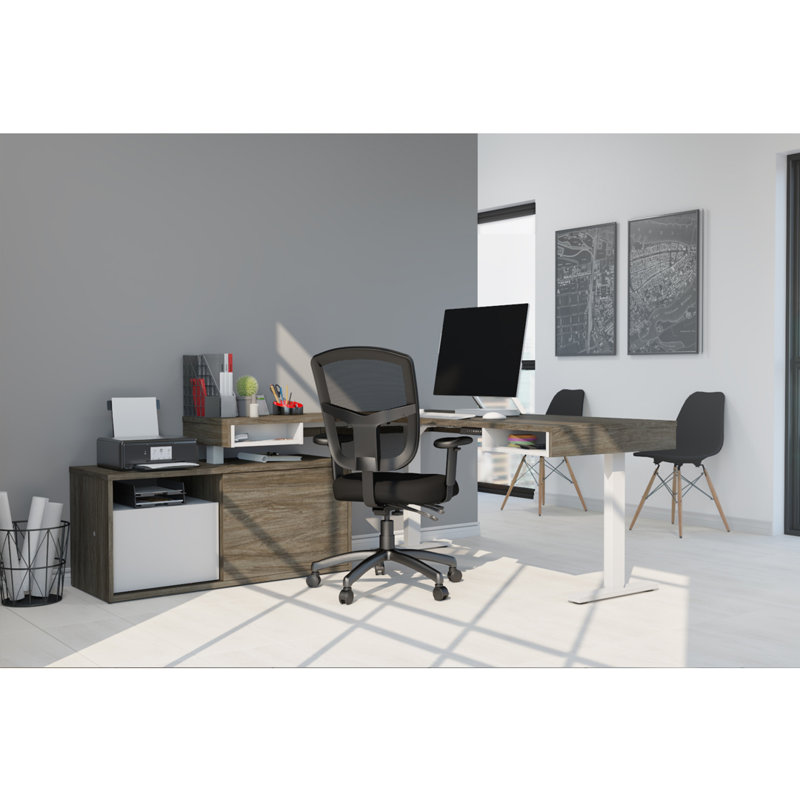 Bureau pour travailler debout en L Hansel, Noyer Gris / Blanc