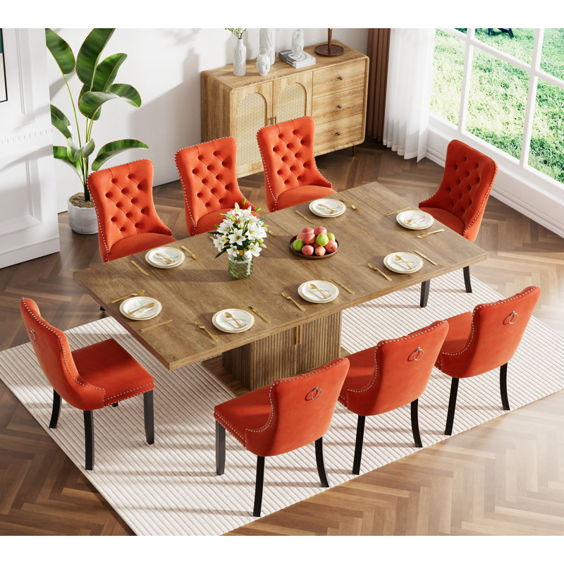 62.99" -78.74" Extendable Dining Table Set, Brown Dining Room Table with Storage & Velvet Dining Chairs with Wood Leg, Rustic Kitchen Dining Table and Chairs Set, Modern Dining Table Set