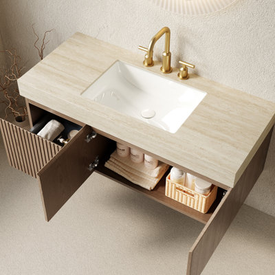 Meuble-lavabo de salle de bain avec plateau en pierre frittée, lavabo en céramique, 2 portes, 1 tiroir, fermeture silencieuse
