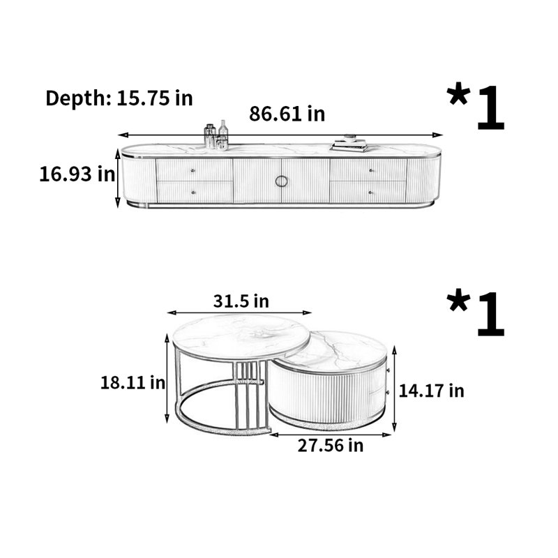 Ensemble de meuble télé Simple Rock Plate, Blanc