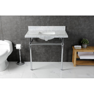 Évier de console Kingston en laiton KVBH3622M8SQ8 Addington de 36 po avec pieds en laiton (8 pouces, 3 trous), blanc marbre / nickel brossé Kingston