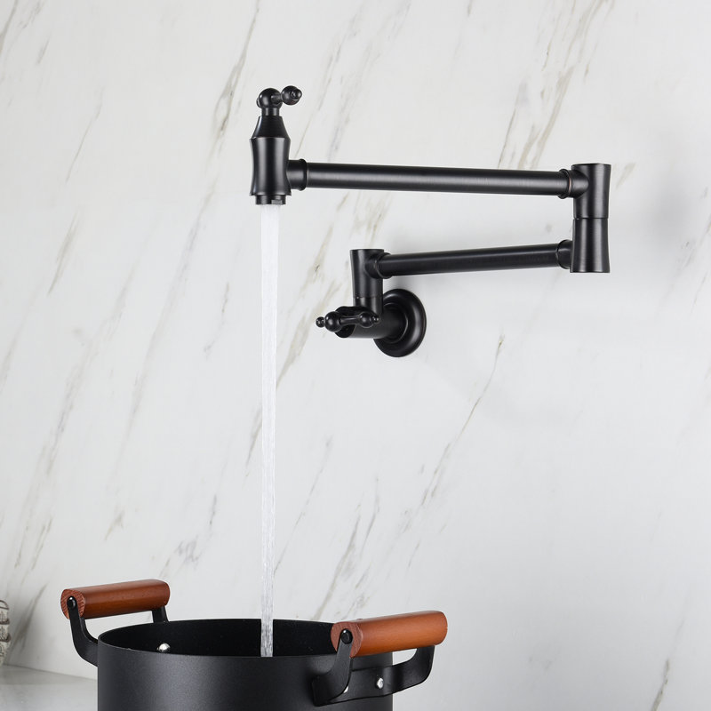 Wall Mount Folding Kitchen Pot Filler Faucet In Matte Black, 360 Rotation, Brass, Corrosion Coating, Double Handle Operation Foldable For Space Saving, Rotatable,