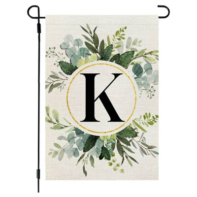 Linen flag Ins Style, 26 Letters+green Plant Printing, Flax Garden Flag, First Letter Of Surname, Hanging Flag At The Gate Of Courtyard
