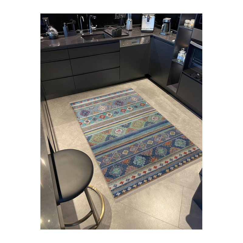 Tapis bleu lavable décoratif à motif mixte bleu, Tapis de couloir 3 pi 3 po x 9 pi 10 po