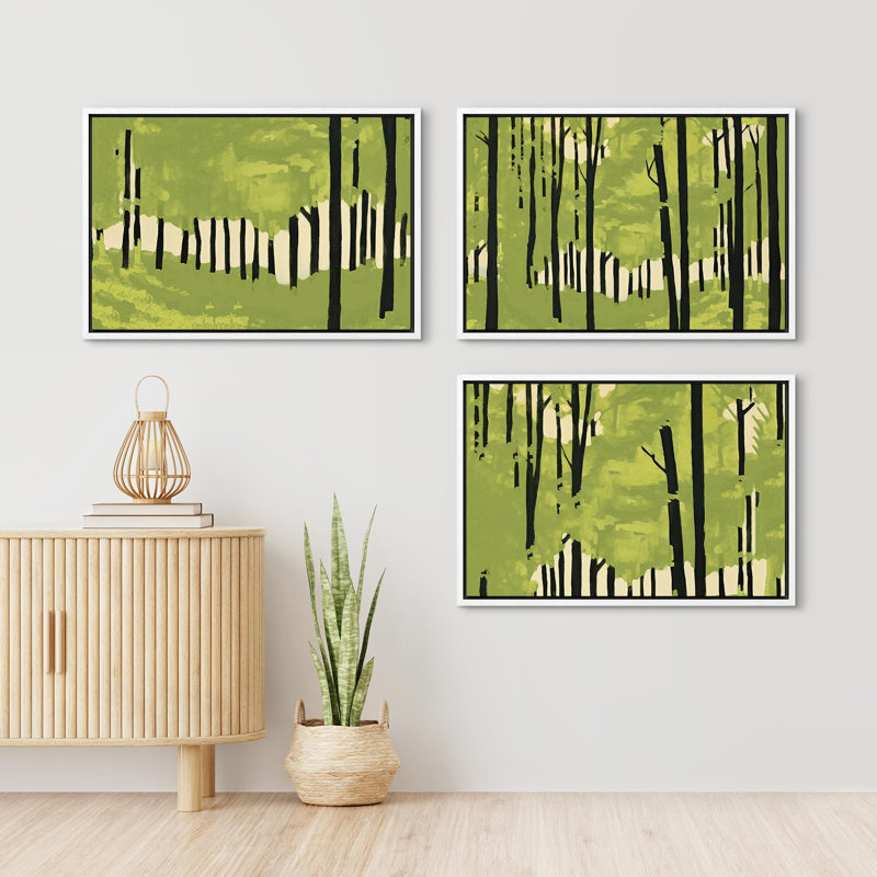 «Vibrant Green Birch Forest», 3 pièces, Cadre blanc, H 24 po x l 36 po