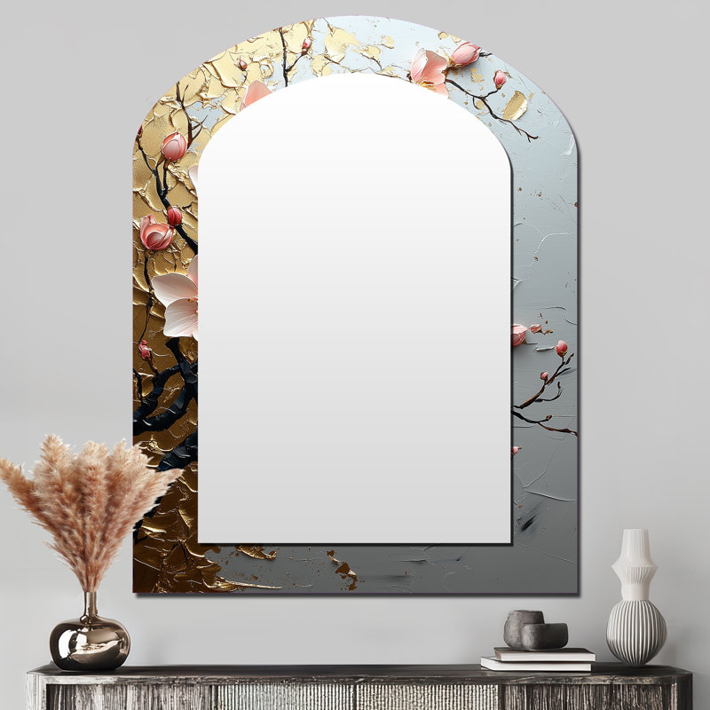 Rose et or cerisier en fleurs au bord du lac II - miroir décoratif en forme d'arche, miroir mural asymétrique rose, impression sur métal