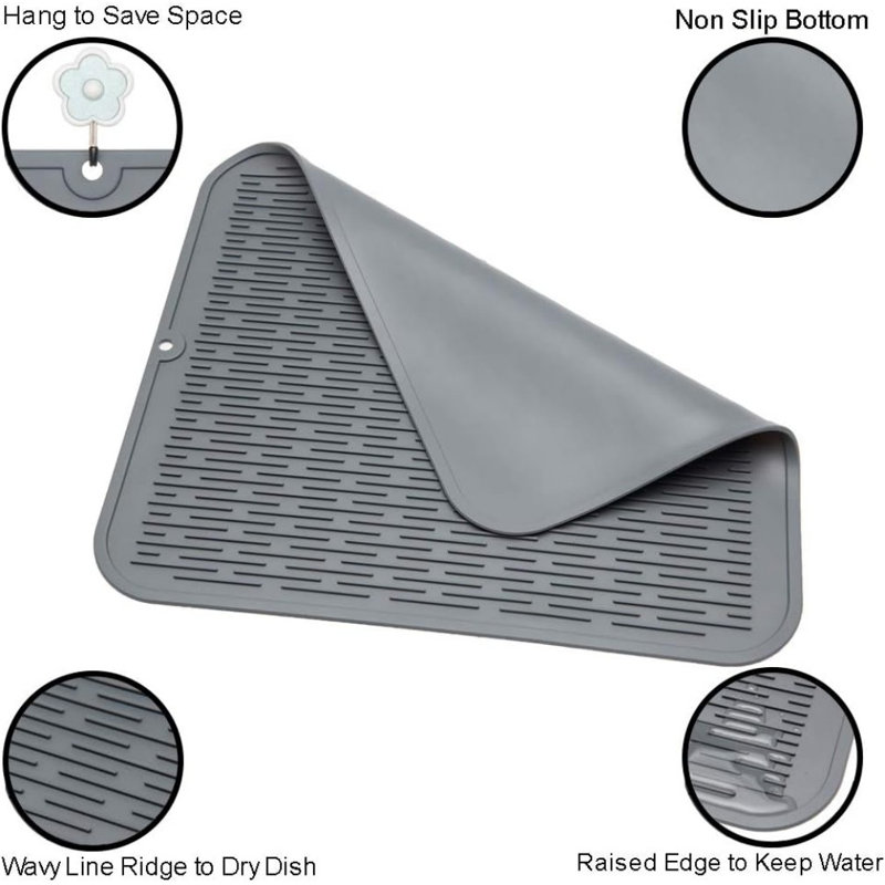 Silicone Dish Drying Mat For Kitchen Counter, Eco-Friendly Quick Dry Dish Mat, Easy Clean Multi Usage Drying Matt, Heat Resistant Trivet, 16" X 18" XL,