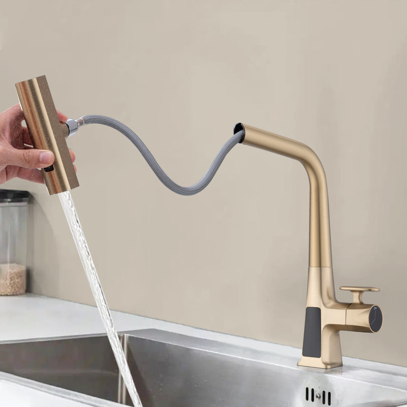 Robinet de cuisine à cascade avec affichage de la température, robinet de cuisine à poignée simple avec douchette rétractable, robinet d'évier de cuisine moderne, trois modes de sortie d'eau