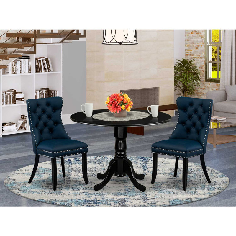 3-Piece Antique Walnut Finish Solid Wood Top-Round Upholstered Dining Room Set with Dropleaf-Seats 4, Navy, Black