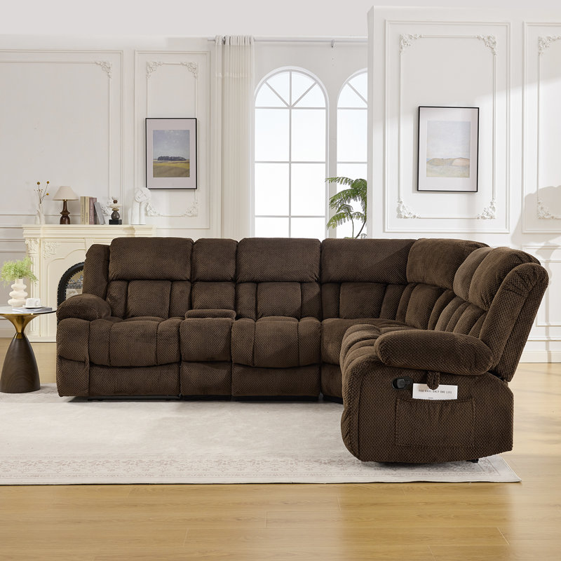 Canapé modulaire inclinable manuel à 5 places en velours doux avec porte-gobelets et rangement, Brown Velvet