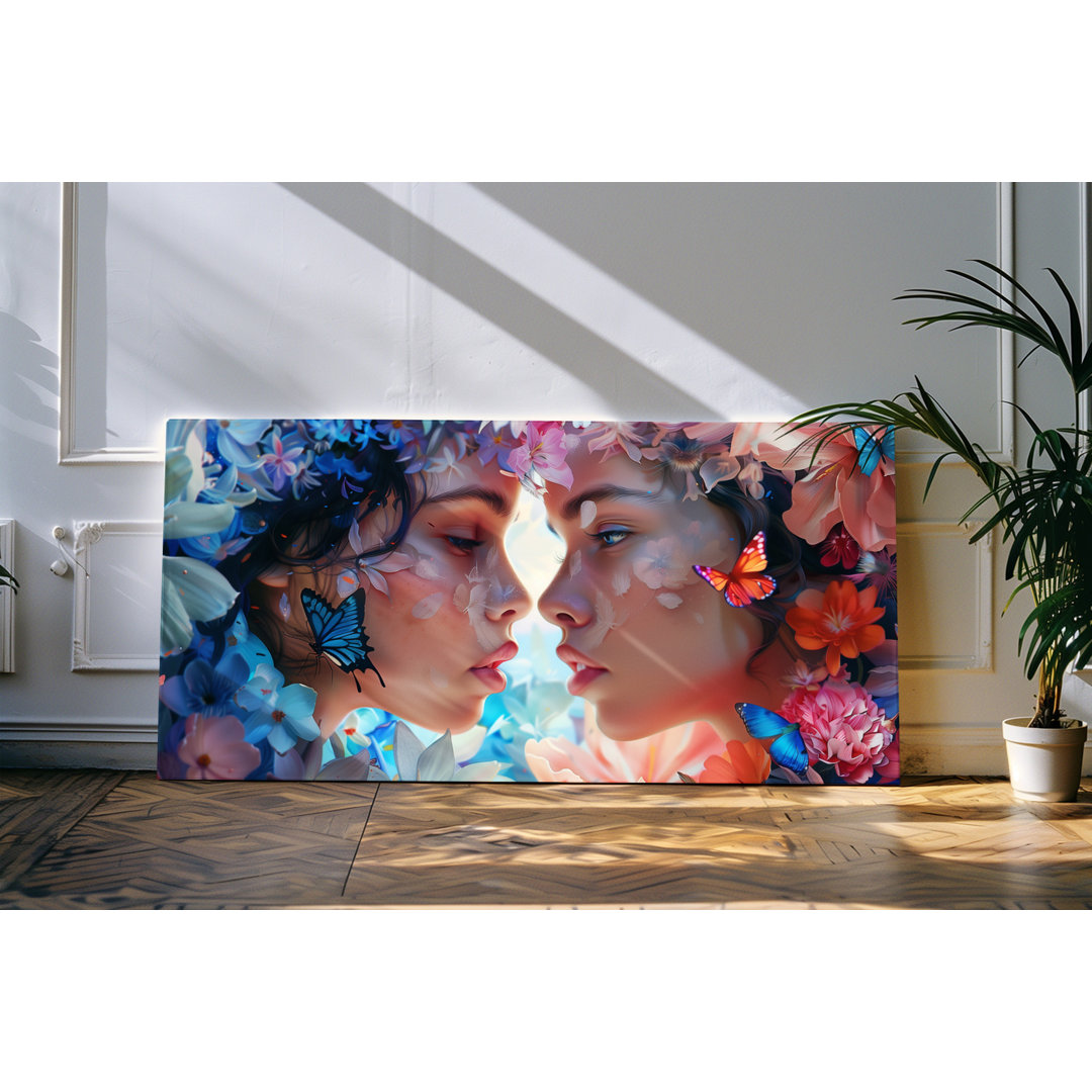 Wandbild 120x60cm Porträt von zwei jungen Frauen Exotisch Blumen Blüten Schmetterlinge