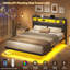 Floating Bed Frame 135×190CM /150×200CM with LED Lights & Charging Station, Metal Platform Bed frame with Upholstered Headboard, Easy Assembly,Noise Free,No Box Spring Needed,Dark Gray Linen-1622726237-1622726234