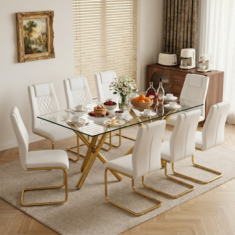 Contemporary Luxe 9-Piece Tempered Glass Dining Set with Faux Leather Cantilever Chairs, 9 Pieces: Table, 8 Chairs, White