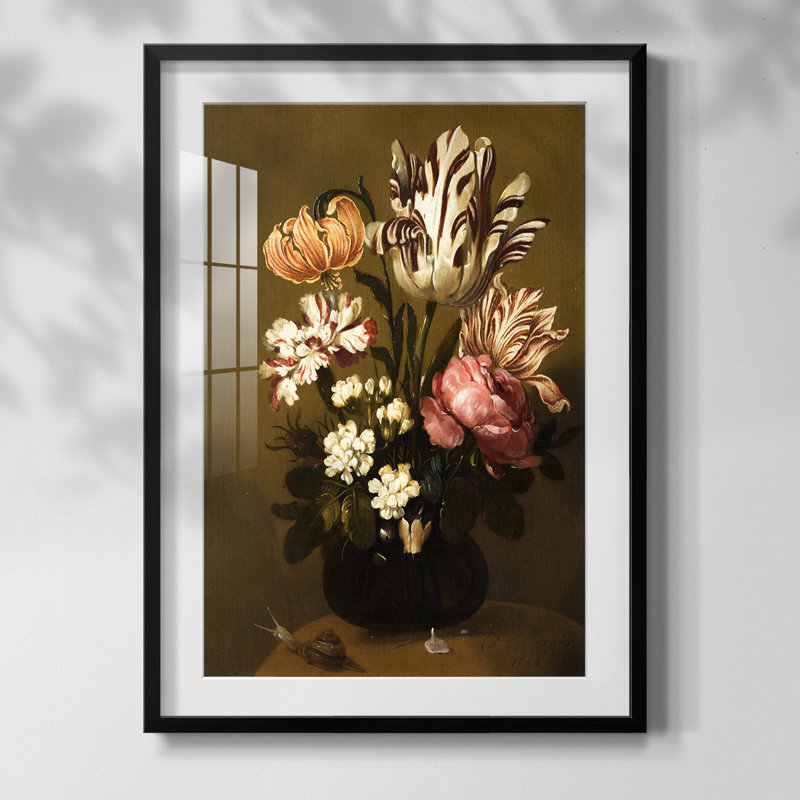Motif floral rétro - impression encadrée, Noir