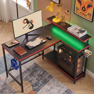42" W L-Shaped Reversible Gaming Desk with LED Lights and Monitor Stand