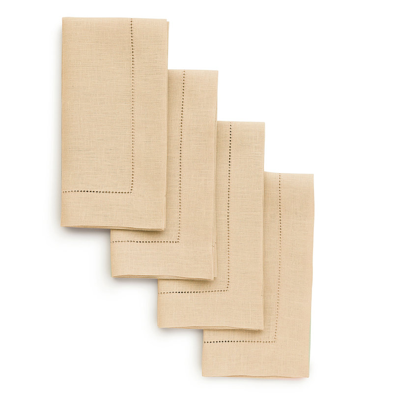 100% Pure Linen Hemstitch Dinner Napkins - Classic Hemstitch, Beige