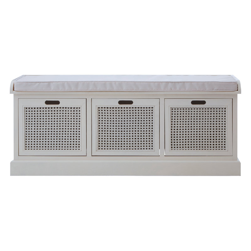 Cotton Upholstered Storage Bench, White, White Wood, White