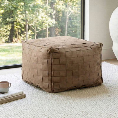 18.5" Woven Faux Suede Square Pouf, Modern Cognac Floor Seating