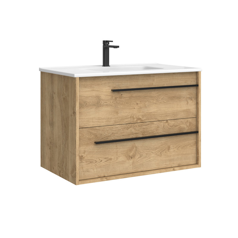 Meuble-lavabo mural simple avec plateau en céramique Lotus, Chêne naturel, 32'