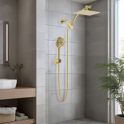 Pomme de douche à haute pression 10 pouces à haute pression avec douchette à main à 10 réglages, bras courbé à extension réglable de 12 pouces, tuyau de douche en acier inoxydable de 71 pouces, or brossé