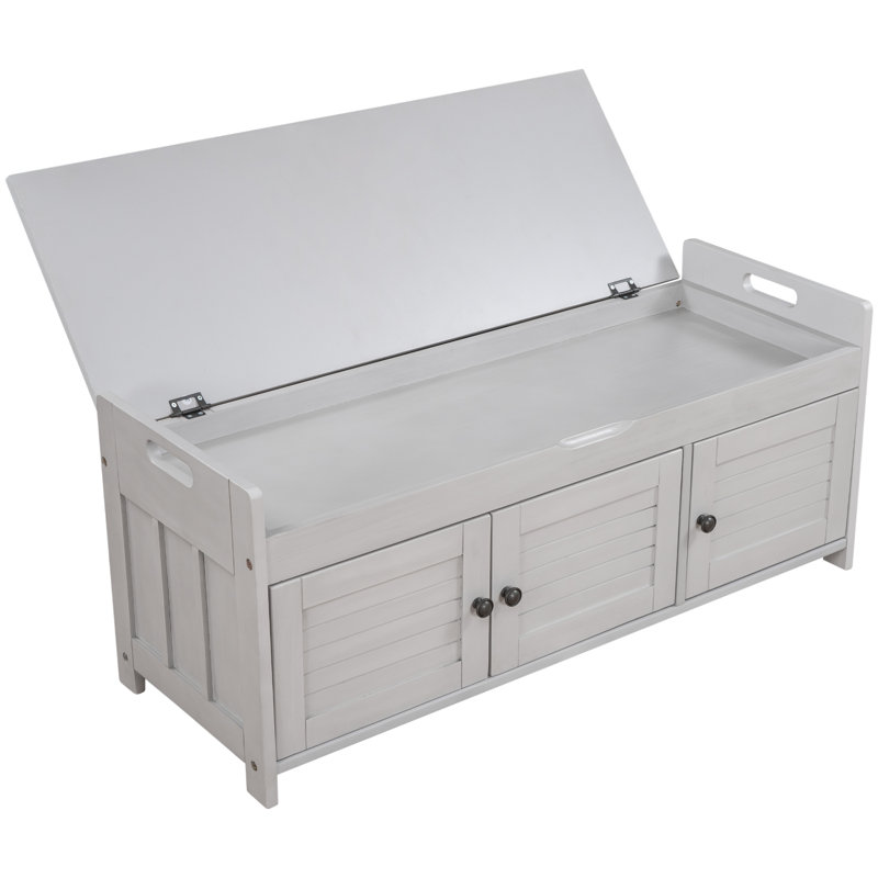 Storage Bench With 3 Shutter-Shaped Doors, Shoe Bench With Removable Cushion And Hidden Storage Space (Gray Wash), Gray Wash