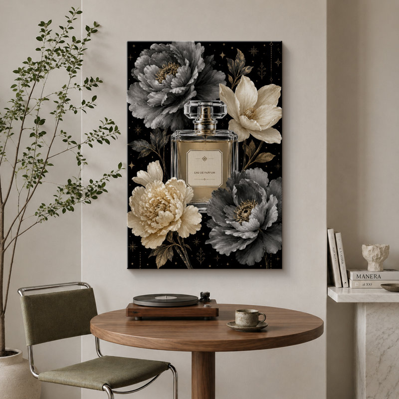 Bouteille de parfum noir doré avec des fleurs élégantes, images de chambre à coucher, impression sur toile encadrée
