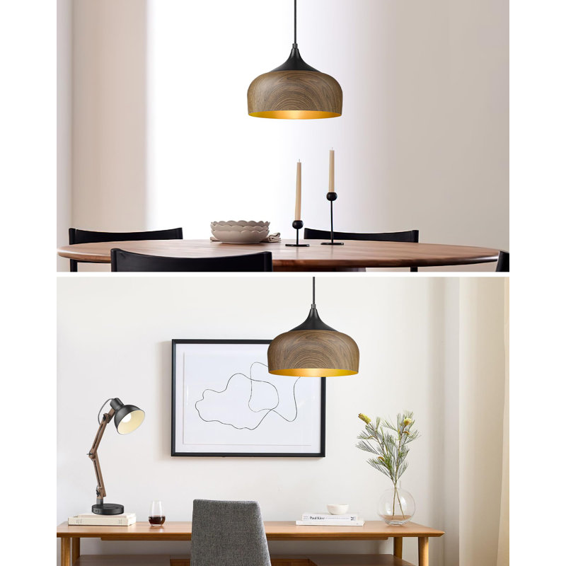 Luminaire suspendu moderne en bois de noyer à motif de dôme suspendu en métal noir mat Finition intérieure dorée Éclairage suspendu réglable pour îlot de cuisine Bureau, couloir, vestibule, chambre à coucher