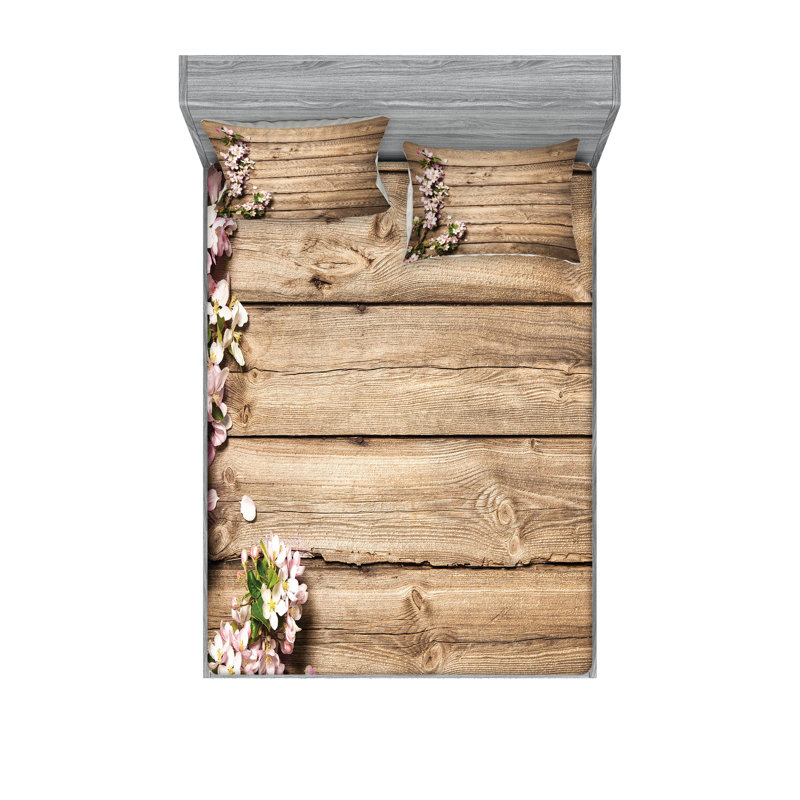 Drap-housse et coussin décoratif en bois Ambesonne, rose, brun, vert, Ensemble de draps pour très grand lit californien