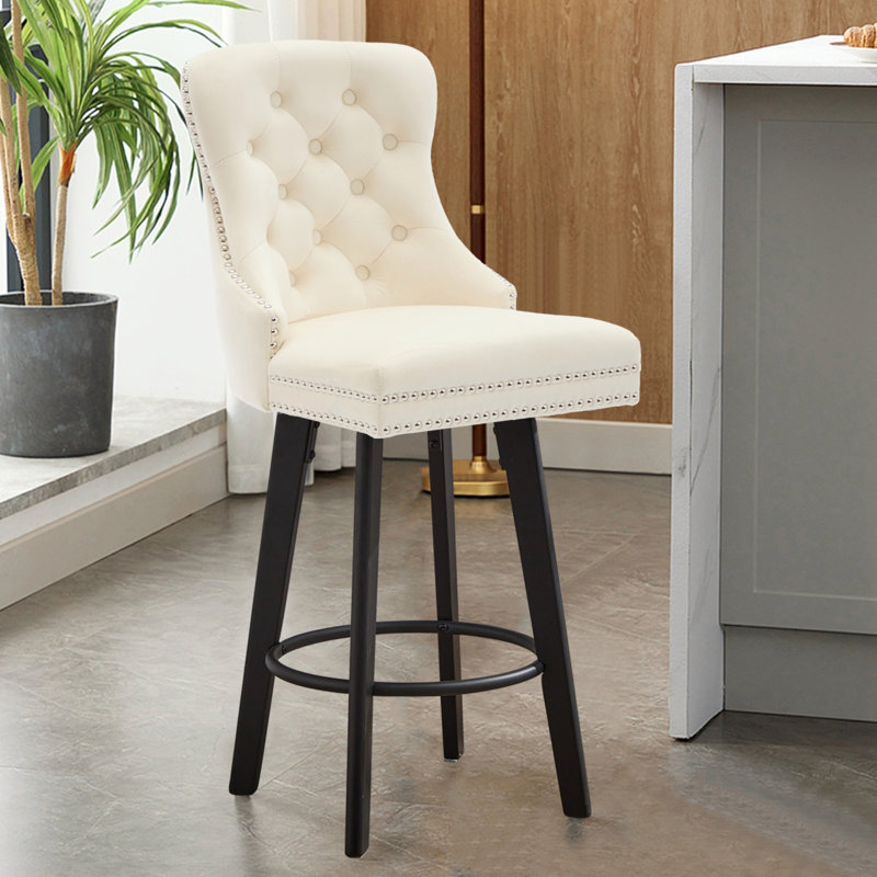 Tabourets de bar rotatifs modernes Tabourets de bar en velours Tabourets de bar touffetés à boutons Rivet, avec anneau de traction en métal Repose-pieds robuste Grand bar pour la maison, 1 pièce