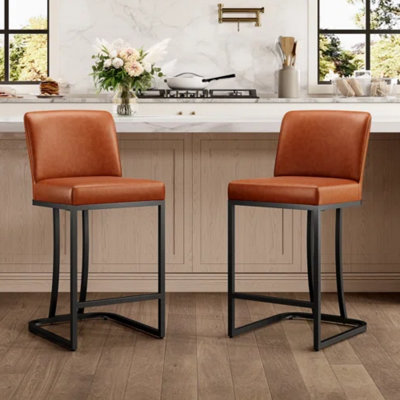 Tabouret de comptoir 24 po Forsyth brun avec similicuir rembourré et structure en métal noir