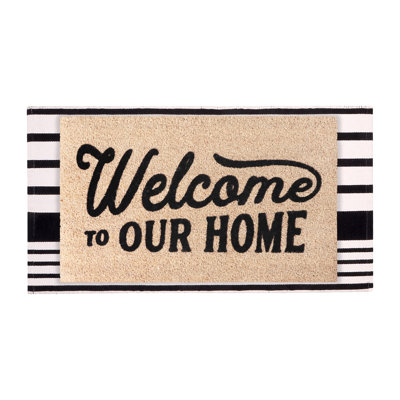Black and White Striped 100% Coir Mat Set – Welcome Home Black Design, 24" × 36" & 24" × 51", PVC Backing Heavy-Duty Non-Slip