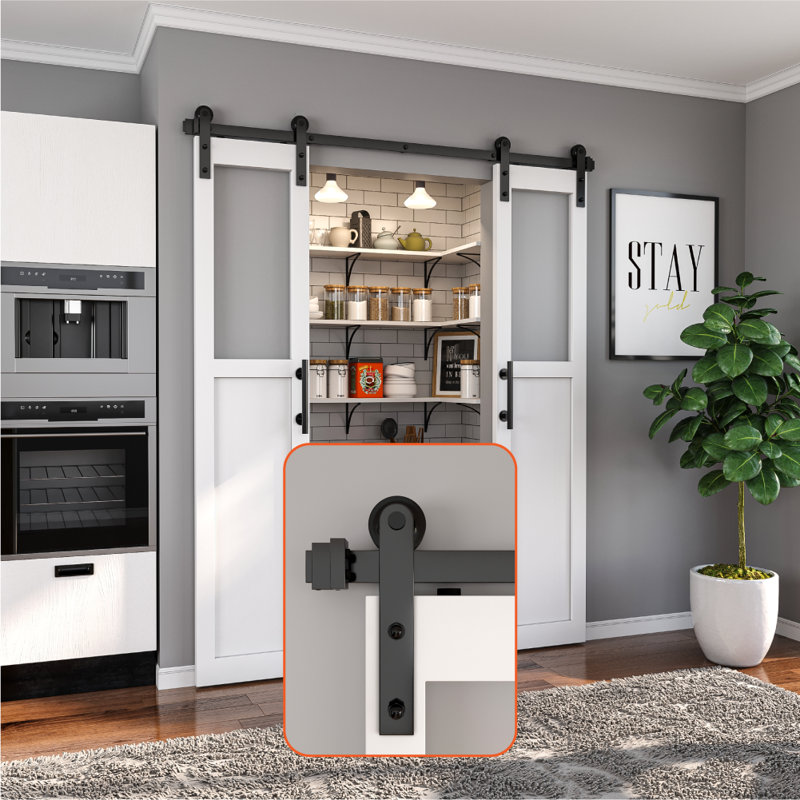 Matte Black Double Barn Door Hardware Track Kit with I-Strap Rollers