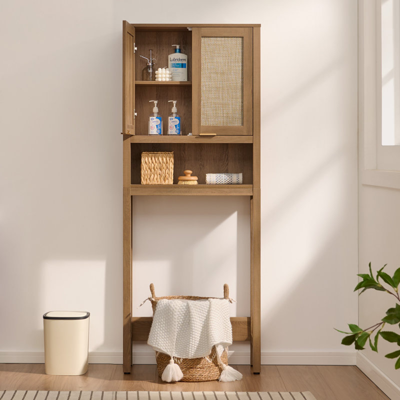 Boho Bathroom Space Saver Cabinet With Rattan Doors, Over-The-Toilet Storage Organizer With Adjustable Shelf, Brown